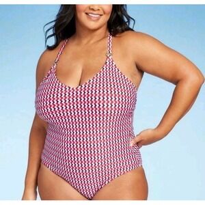 Kona Sol Red Navy Zig Zag Padded 1 Piece Swimsuit Adjustable‎ Gold Accents Sz 14